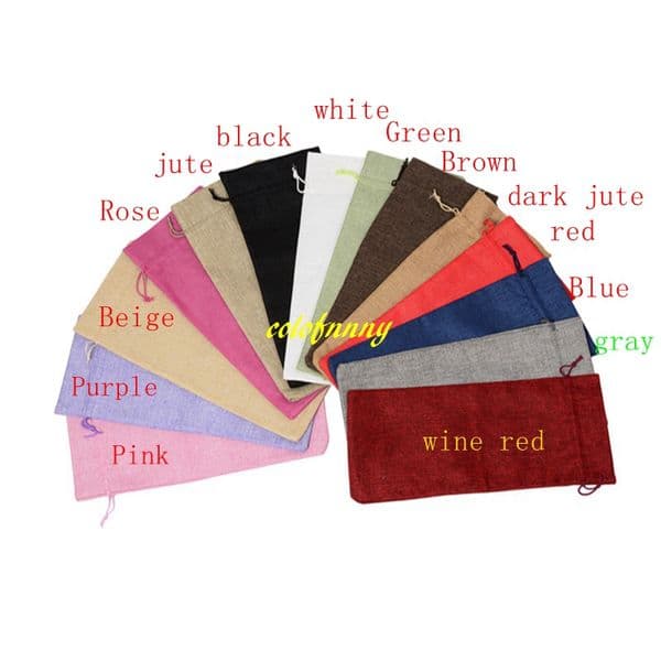 100pcs/lot Fast Shipping 15cmx35cm Jute Burlap Wine Bags pouch Drawstring Wine Bottle Gift Covers 11 colors
