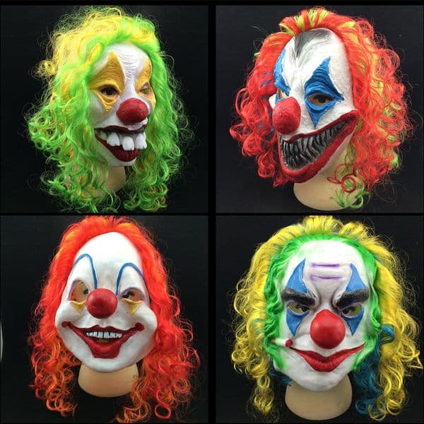 Horror Halloween Mask Clown Mask Long Curl Colorful Hair Latex Mask Carnival Masquerade Party Costume