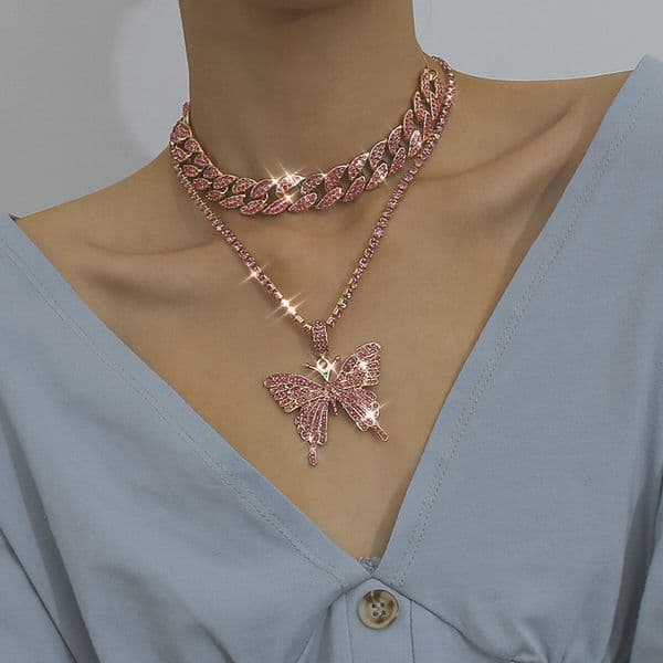 Luxury Women Necklaces Iced Out Cuban Link Chains Butterfly Pendant Crystal Rhinestone Animal Hip Hop Punk Jewelry Gift Gold Pink White K Gun Black