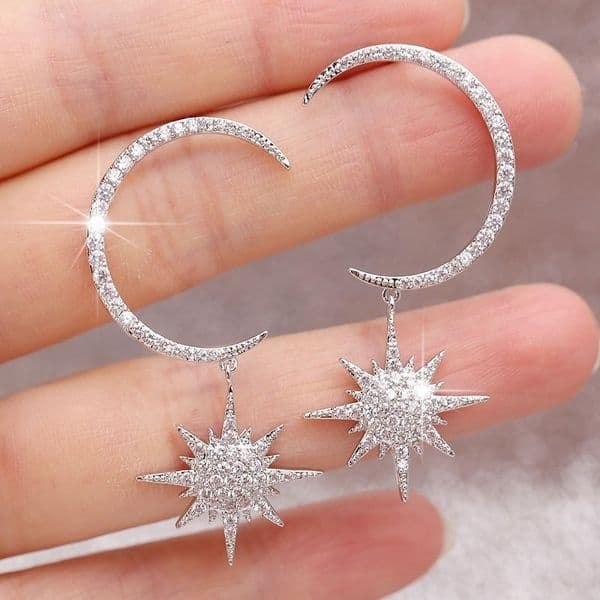 sparkly 925 silver 14k gold dangling moon and star earrings starburst crescent moon dangle earrings gift for her