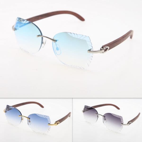 Manufacturers wholesale gold wood Eyewear Rimless Sunglasses Cat eye Eyewear Carved lens Triangle Unisex Glasses Hot Designer Mens Women Luxury