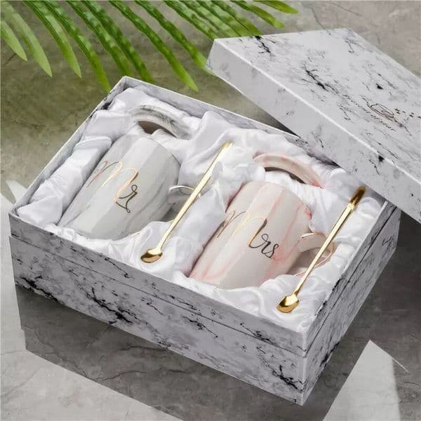 Mr Mrs Flamingo Couple Cup and Mug Gift Box Ceramic Coffee Mug Marble Pattern Home Drinkware Lovers Gift Wedding Gift T200104
