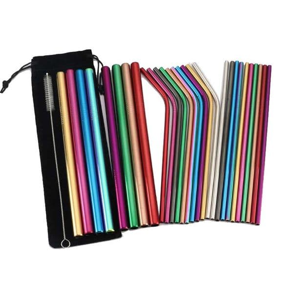 8.5" Reusable Stainless Steel Straw Set Straight Bent Straw Cleaning Brush 5PCS Metal Smoothies Drinking Straws Set 10 colors
