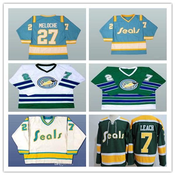 Men's 1970s CALIFORNIA GOLDEN SEALS 27 GILLES MELOCHE 7 REGGIE LEACH Vintage Jersey Stitched White Blue Green Yellow Alternate Size S-4XL