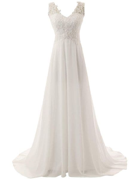 Stock A-Line Ivory V Neck Wedding Dresses Bridal Gowns With Appliques Floor-Length Wedding Party Size 16w QC1401