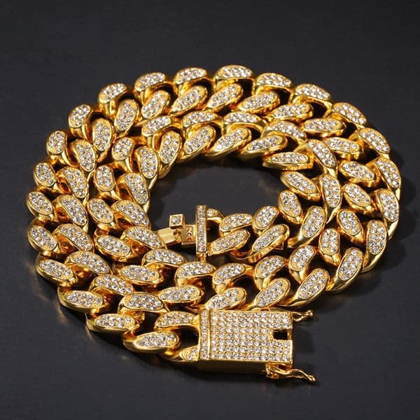 Hip Hop Bling Chains Jewelry Men Gold Plated Iced Out Necklace Silver Miami Cuban Link Chain 2cm