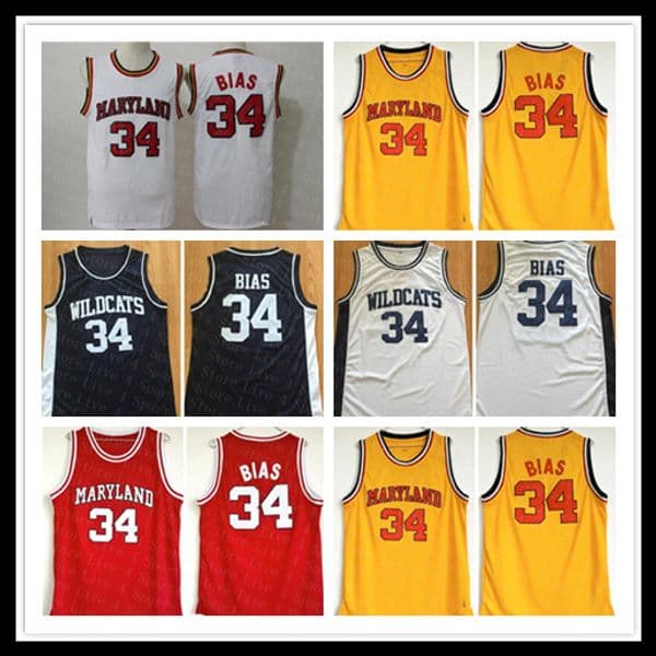 Men's Maryland College Len Bias 34 Jersey Basketball Stitched Red Yellow Black Northwestern Wildcats Len Bias High School Vintage Shirts