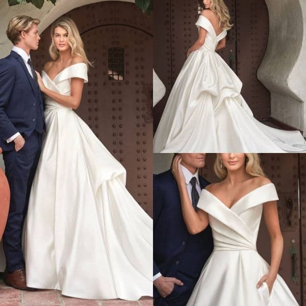 elegant wedding dress a line satin wedding gowns off shoulder sleeveless plus size bridal gowns