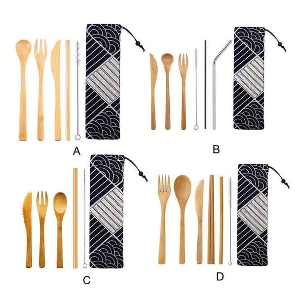 Japanese Wooden Dinnerware Bamboo Straw Cutlery Set With Cloth Bag Kitchen Cooking Tools C19021401