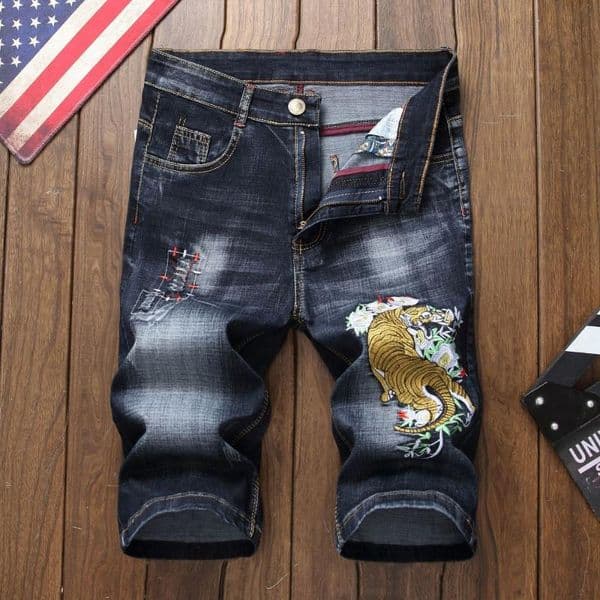 Summer Style Men Denim Trousers Zipper Dragon Pattern Hole Straight Shorts Jeans For Blue And Black B3