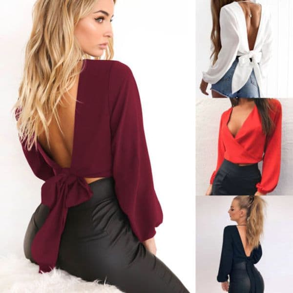 Women's Blouses & Shirts Fashion Women Blouse Sexy Ladies V Neck Long Sleeve Bandage Tops Summer Backless Shirt Casual Red Black White