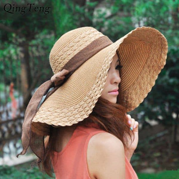 2020 New Wide Brim Summer Hats For Women Vacation Leisure Beach Hat Ribbon Bow Sun Visor Straw Hat Panama Woman's Sun Caps T200104