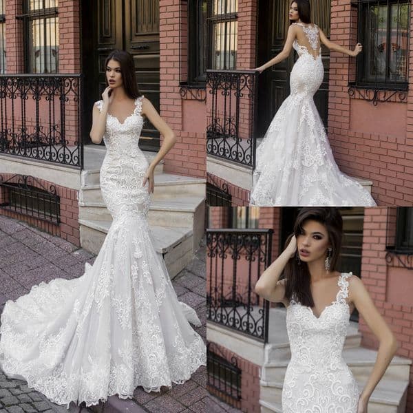 Gorgeous Mermaid Dresses Lace Applique Sexy Back Sweep Train Country Wedding Dress Custom Made Illusion Plus Size Bridal Gowns