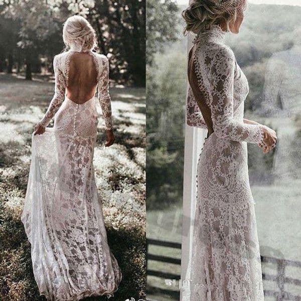 Vintage Lace Mermaid Dresses High Collar Backless Sweep Train Covered Buttons Back Country Wedding Gown Vestido De Novia