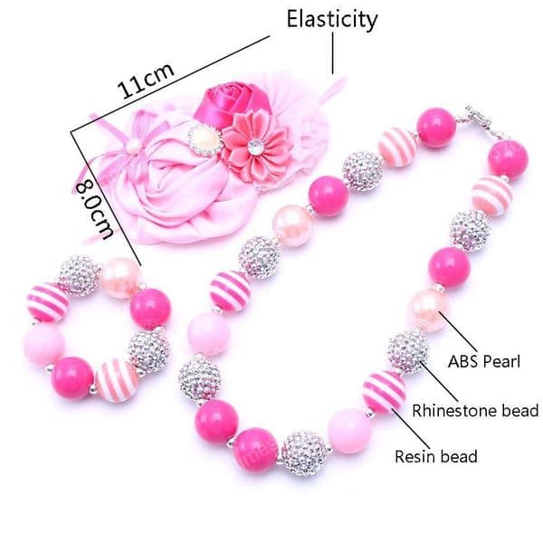 Cute Pink Color Necklace Bracelet Headband 3PCS Set Birthday Party Gift Toddlers Girls Bubblegum Baby Kid Chunky Necklace Jewelry