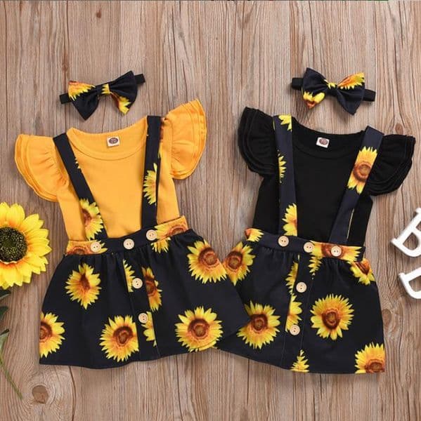 Baby Designer Clothes Girl Ruffle Sleeve Romper Sunflower Skirt Headband 3pcs Sets Toddler Suspender Skirt Suits Summer Baby Outfits DW5330