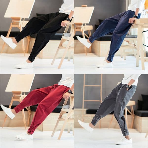Men Pants Japanese Style Samurai Kimono Homme Clothing Cardigan Chinese Solid Cotton Loose Plus Bottoms Adult Trousers