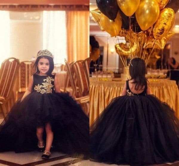 2020 Modern Black Ball Gown Hi Lo Girls Graduation Dresses Gold Embroidery Bateau U Open Back Pageant Flower Girl Dresses First Communion