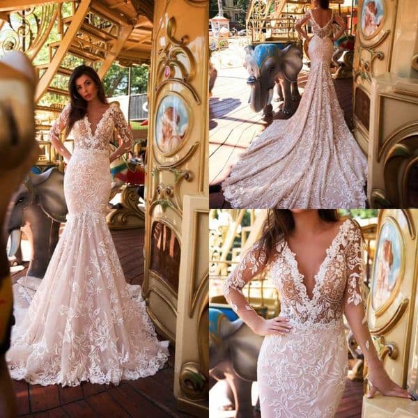 Ida Torez Elegant Mermaid Wedding Dresses Illusion Sexy V Neck Long Sleeve Bridal Gowns Backless Lace Appliqued Dress