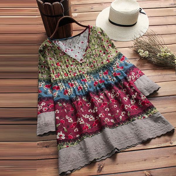 Bohemian Print Tops Women Lace Blouse 2019 Vintage Long Sleeve Shirts Female Patchwork Floral Blusa Plus Size Linen Tunic T200321