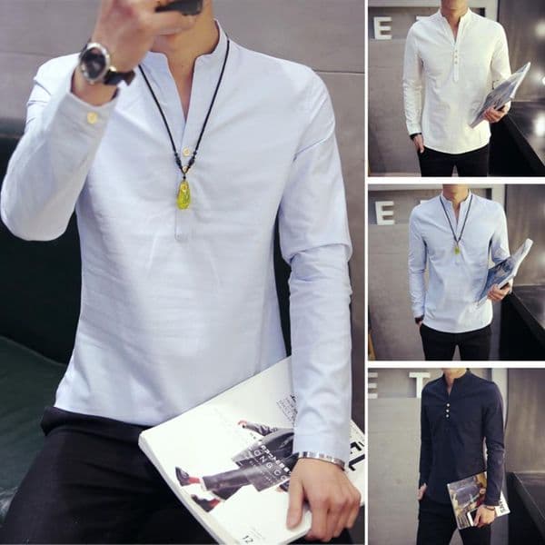 Men's Casual Shirts Mens Cotton En Henley Shirt Autumn Dress Male Slim Fit Long Sleeve Asian Size