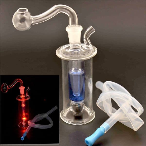 1pcs LED Glass Oil Burner Bong Mini Water Pipe Portable Oil Hookahs Inline Perc Recycler Glass Bongs with Glass Oil Burner Pipe and Hose