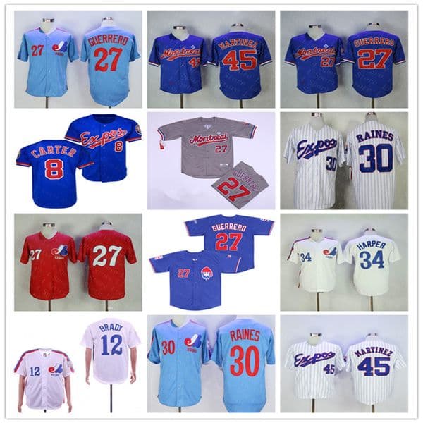 Montreal Expos Retro Tom Brady Jersey Vladimir Guerrero Pedro Martinez Tim Raines Gary Carter Andre Dawson Larry Walker DeShields Sewn Shirt