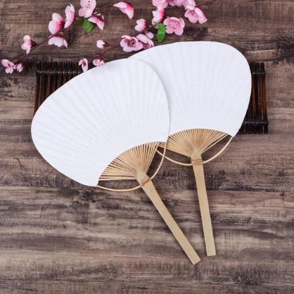 Large Paper Fan with Bamboo Handle Two Sided Blank Fans DIY White Round Hand Fans
