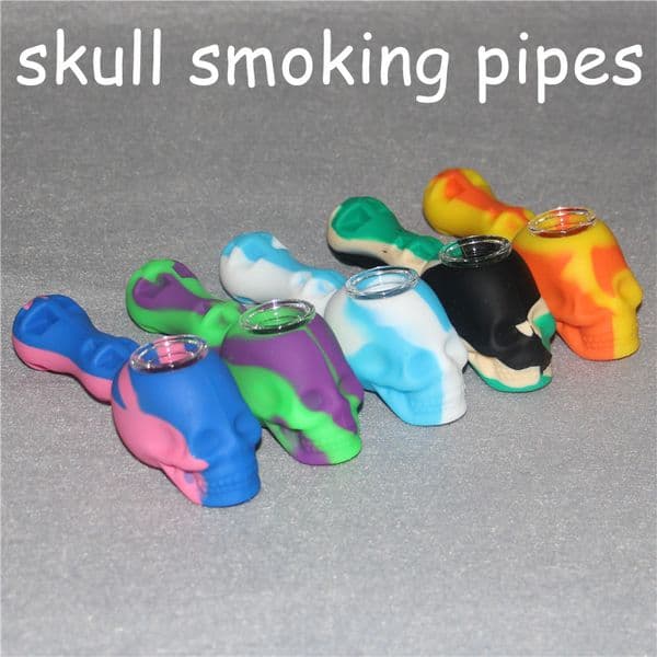 skull shape Silicone Hand Pipes Glass design handle spoon bubbler smoking pipe for dry herb made of food grade silicone