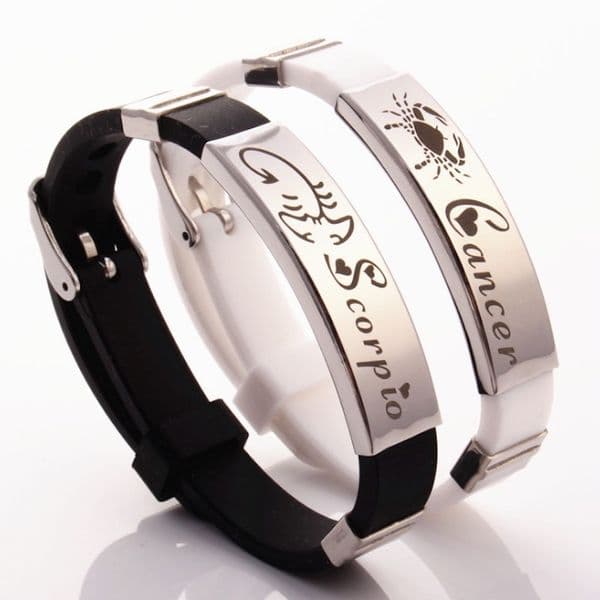 Stainless Steel Rubber Men Bracelet 12 Constellations White Black Silicone Wristband Bangles Zodiac Sign Cuff Jewelry for Woman Lovers Gifts