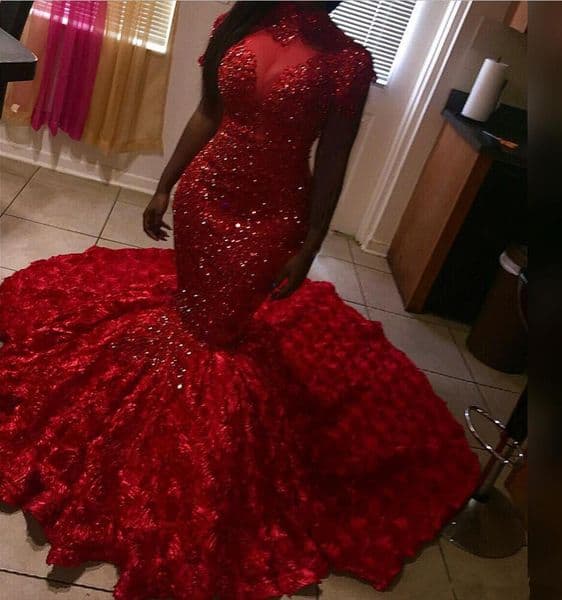 Delicate Beads Mermaid Prom Dresses New High Neck Long Sleeves 3D Floral Sweep Train Evening Gowns Plus Size Red Carpet Dresses