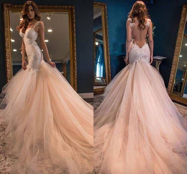 Vintage Blush Pink Mermaid Wedding Dresses Straps Sweetheart Princess Backless Lace Tulle Skirt Open Back Elegant Boho Wedding Gowns
