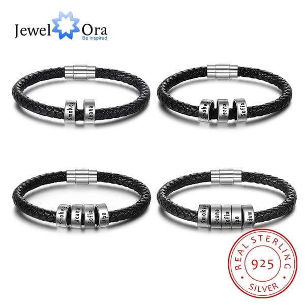 JewelOra 925 Sterling Silver Personalized Custom 2- 5 Names Beads Bracelets for Men Charm Black Braided Leather Bracelet Jewelry CX200704