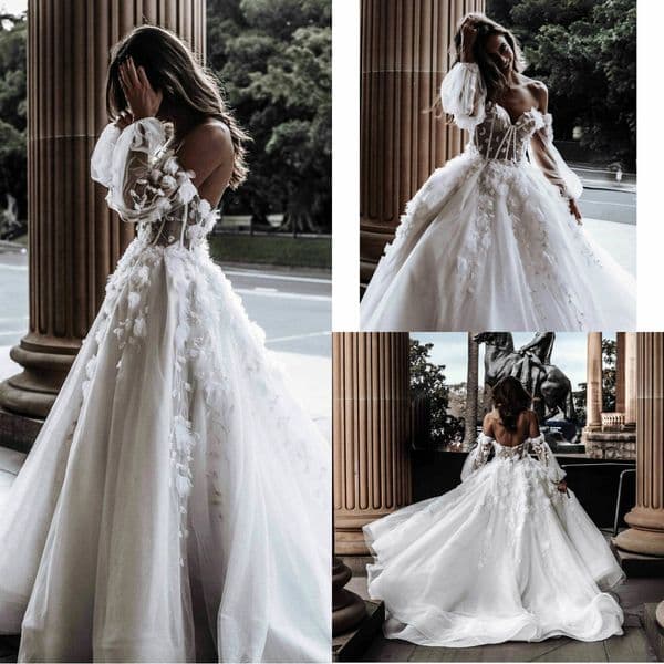 Dresses A Line Off Shoulder Bridal Strapless Wedding Gowns Country Style Short Sleeveless Handmade Flowers Lace Appliques
