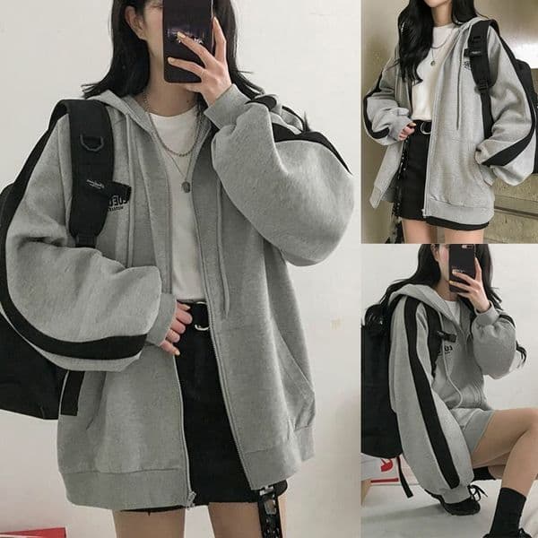harajuku style Gray Oversize Student Outwear Fashion Women Splicing Hooded Top Long Sleeve Loose korean style Coat Streetwear CX200717