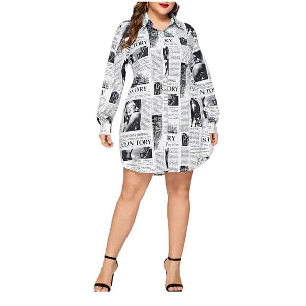 Casual Newspaper Printed White Shirt Plus Size Blouse Women Cothes Long Sleeve Vintage Party Dress Blusas Mujer De Moda 2020 T200720