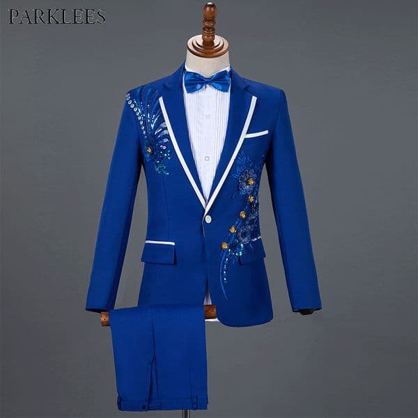 Royal Blue Sequin Embroidery Suit Men Wedding Groom Tuxedo Suits Pants Mens One Button Peak Lapel Stage Costume Traje Hombre 2XL 200922