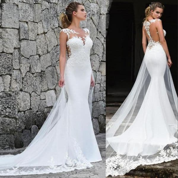 Simple Bohemian Summer Country Cheap Sexy Mermaid Wedding Dresses Lace Beads Jewel Neck Sheer Sweep Train Plus Size Formal Bridal Gowns