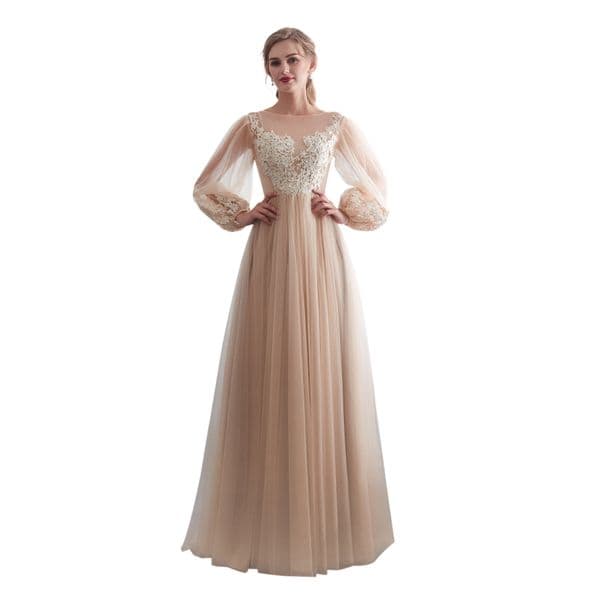 Champagne Dresses Long Sleeve Lace Applique Bridal Gowns with Court Train Elegant Wedding Dress