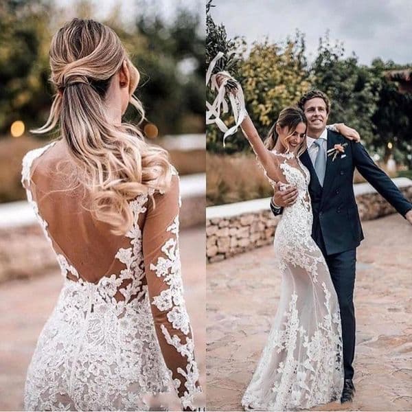 Backless Mermaid Dresses Long Sleeves Jewel Neck Lace Applique Illusion Custom Made Wedding Bridal Gown vestido de novia