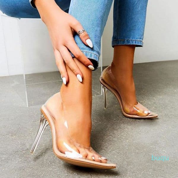 Hot Sale- 35-42 Women Clear PVC Transparent Pumps Sandals Perspex Heel Stilettos High Heels Point Toes Party Shoes Nightclub Pump