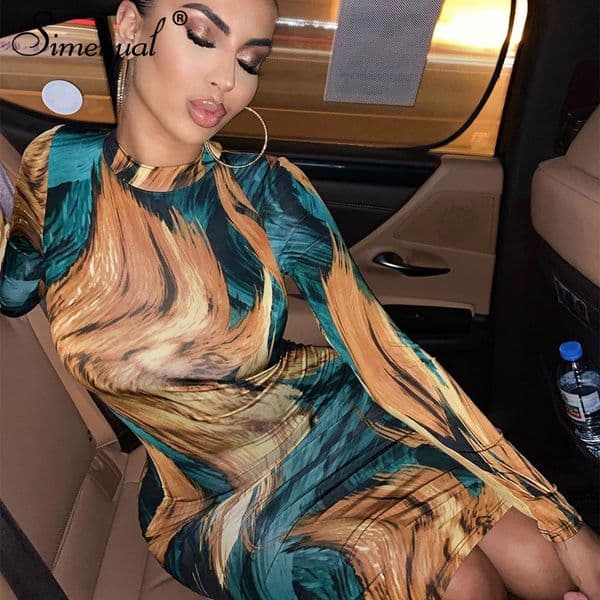Simenual Printed Skinny Party Women Bodycon Dress Fashion Long Sleeve Autumn 2019 Clubwear Fitness Slim Sexy Hot Midi Dresses 200925