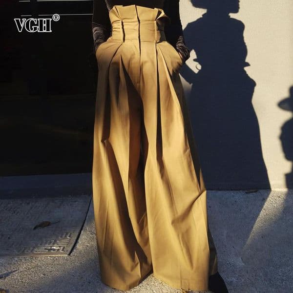 VGH Elegant Streetwear Style Women Full Length Pant High Waist Loose Ruffles Pleated Wide Leg Pants For Female Fashion Clothing CX200812