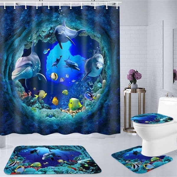 3D Ocean Dolphin Pattern Waterproof Bathroom Curtains Shower Curtain Set Anti-skid Bath Mat Pedestal Rugs Toilet Cover Floor Lid LJ201130