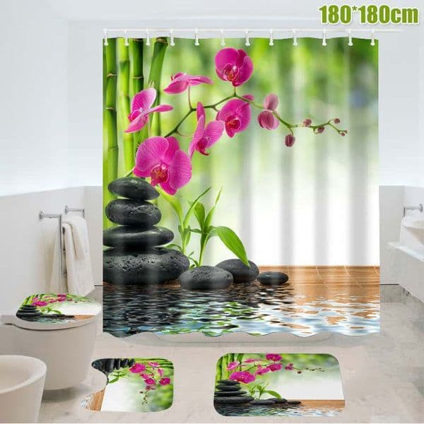 Home 1.8x1.8M Flower 3D Waterproof Polyester Shower Curtain Bathroom with 12 Hooks Pedestal Rug Lid Toilet Cover Bath Mat Set LJ201130