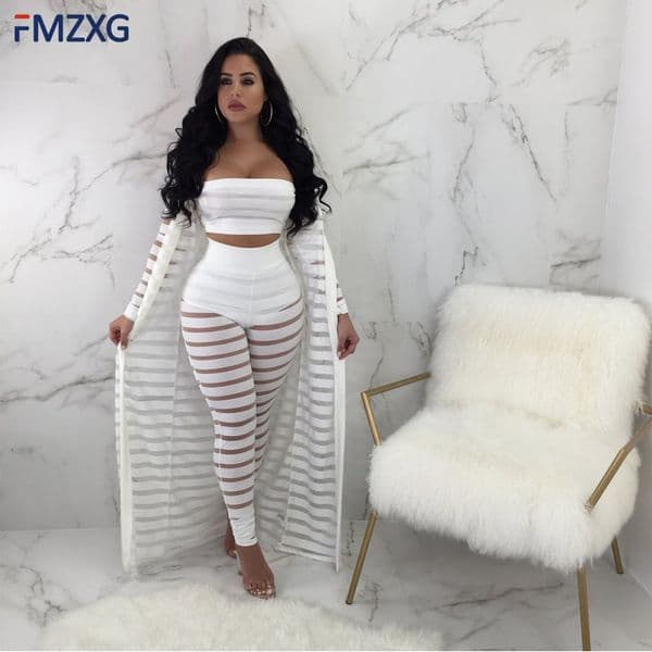 Perspective Sexy 3 Piece Set Women Cardigan Long Cloak Coat + Crop Tops + Pants Set Summer Outfits Three Piece Stripe Tracksuit T200603