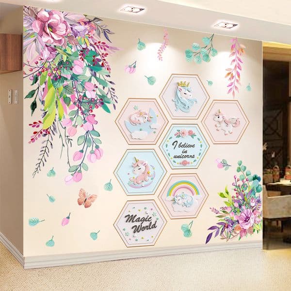 [shijuekongjian] Flower Plant Wall Stickers DIY Unicorn Animals Wall Decals for Kids Rooms Baby Bedroom House Decoration 201130