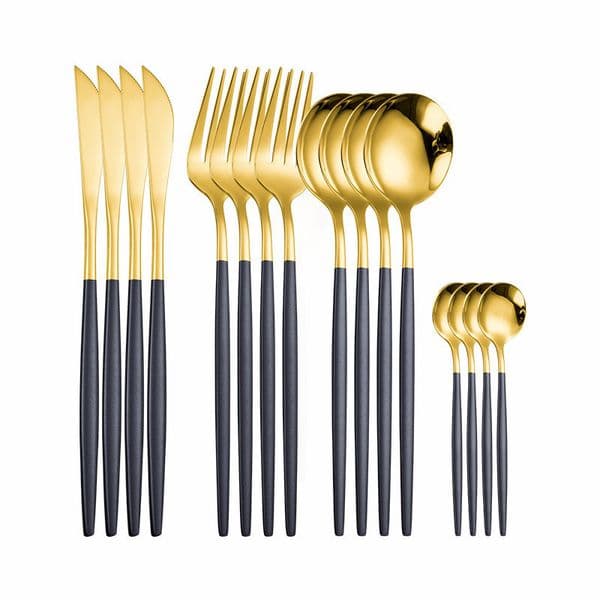 Stainless Steel Cutlery Spoon Fork Set Golden Cutlery Set of Spoons and Forks 16 Pieces Black Gold Dinnerware Set Free Shipping 201116