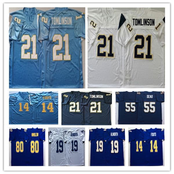Throwback American Football Jersey 21 LaDainian Tomlinson 55 Junior Seau 14 Dan Fouts 19 Lance Alworth 80 Kellen Winslow Stitched Light Blue Navy White Retro Shirt