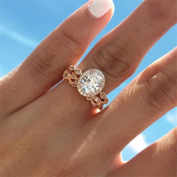 New Arrival Vintage Fashion Jewelry Sterling Silver Rose Gold Fill Oval Cut White Topaz CZ Diamond Women Wedding Bridal Ring Set Gift